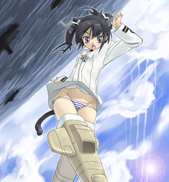 you2, francesca lucchini, strike witches, world witches series, third-party edit, 00s, 1girl, female focus, lens flare, loli, lowleg, lowleg panties, panties, solo, striker unit, striped clothes, striped panties, underwear, upside-down