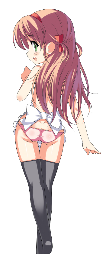 aida takanobu, original, 1girl, apron, ass, blush, butt crack, female focus, green eyes, loli, long hair, looking back, lowleg, lowleg panties, panties, pink panties, skindentation, smile, solo, thighhighs, underwear