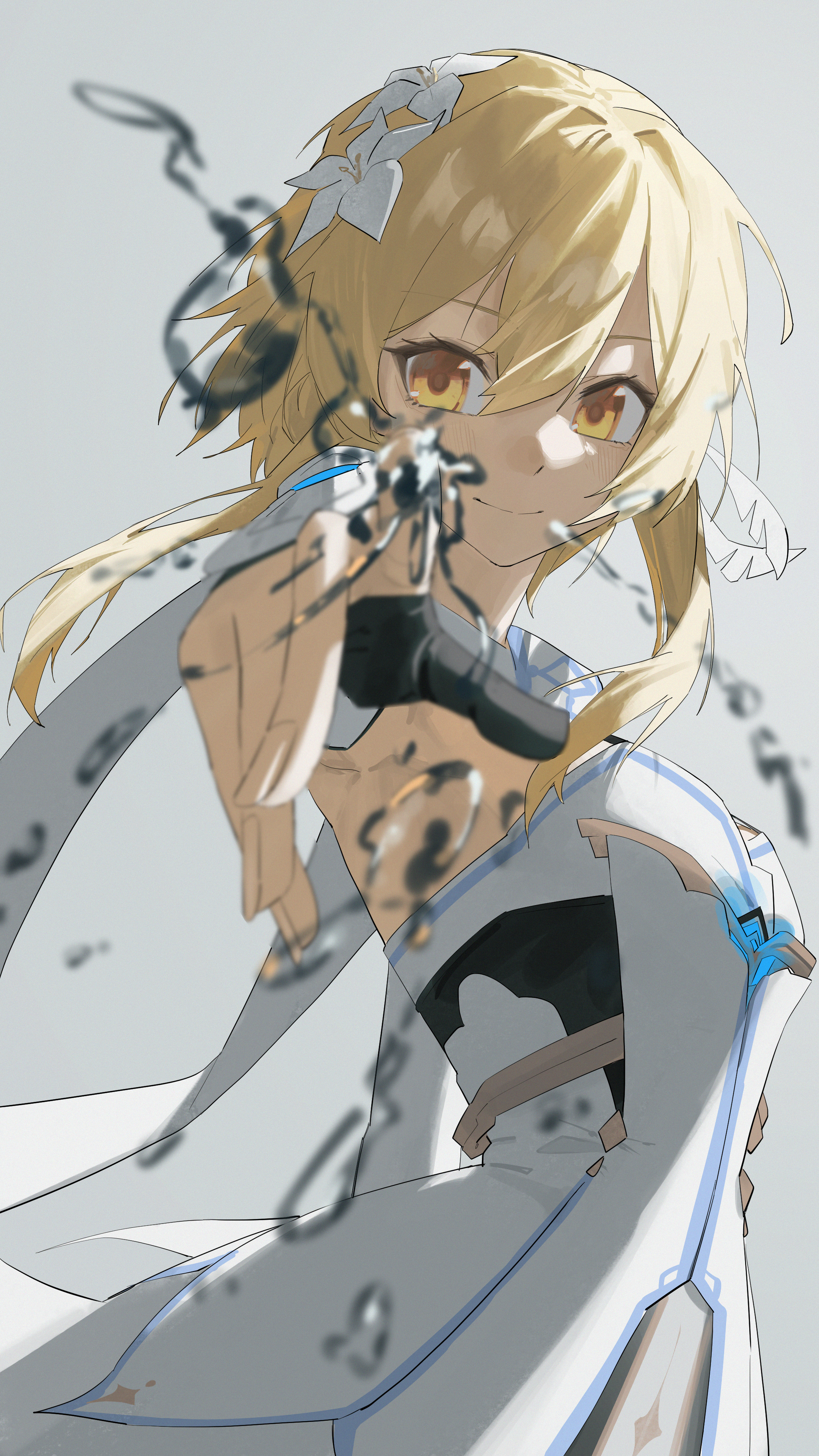 lupinu5, lumine (genshin impact), genshin impact, absurdres, highres, partially translated, translation request, 1girl, blonde hair, breasts, closed mouth, dress, flower, grey background, hair flower, hair ornament, hydrokinesis, looking at viewer, medium breasts, reaching, reaching towards viewer, short hair with long locks, smile, solo, water, white dress, yellow eyes