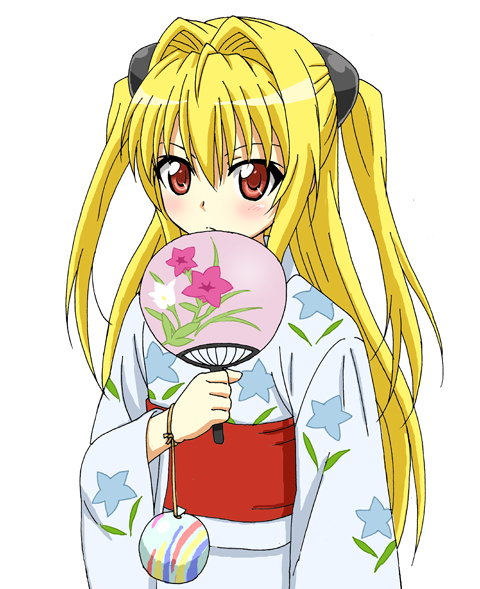 konjiki no yami, to love-ru, 00s, blonde hair, blush, covering face, covering own mouth, covering privates, hand fan, japanese clothes, kimono, long hair, paper fan, red eyes, simple background, solo, twintails, two side up, uchiwa, yukata