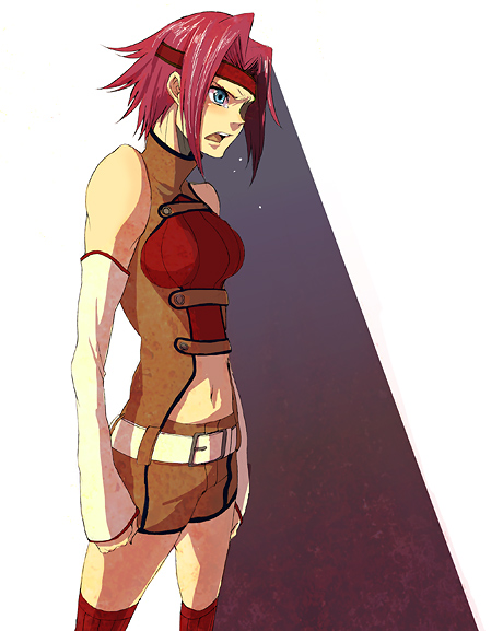 kouzuki kallen, code geass, 00s, bare shoulders, detached sleeves, headband, red hair, shadow, sleeveless, sleeveless turtleneck, solo, turtleneck