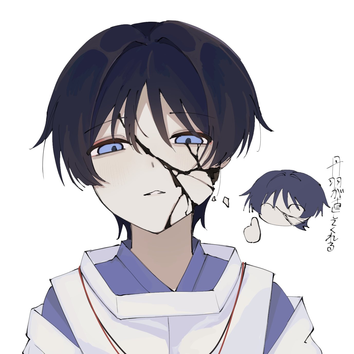 scaramouche (genshin impact), scaramouche (kabukimono) (genshin impact), genshin impact, highres, translation request, 1boy, black hair, blunt ends, closed eyes, clothing cutout, cracked skin, disembodied head, empty eyes, eyeliner, eyeshadow, hair intakes, japanese clothes, kariginu, kimono, light blush, looking at viewer, makeup, male focus, nari228 gs, no mouth, parted lips, portrait, purple eyes, purple kimono, purple sleeves, red eyeliner, red eyeshadow, shoulder cutout, solo, straight-on, string, thumbs up, white background, white mouth, white sleeves, wispy bangs