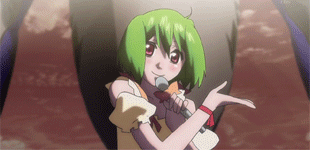 ranka lee, macross, macross frontier, animated, animated gif, anime screenshot, lowres, 00s, 1girl, m/, ahoge, blush, fang, green hair, microphone, red eyes, seikan hikou, short hair, smile, star (symbol)