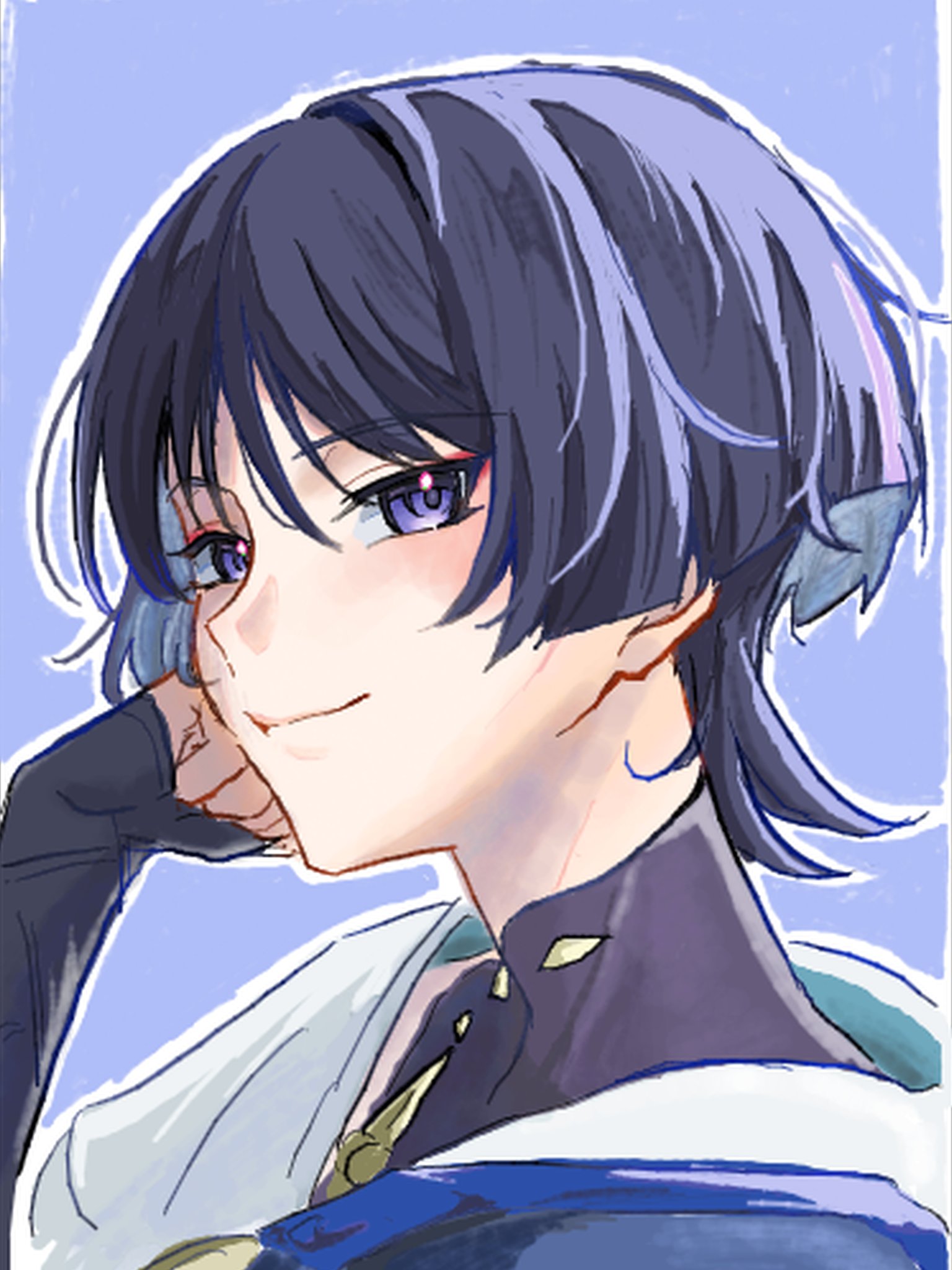 purinigax, scaramouche (genshin impact), wanderer (genshin impact), genshin impact, highres, 1boy, armor, art program request, black bodysuit, black bridal gauntlets, black hair, blue cape, blunt ends, bodysuit, bridal gauntlets, cape, choppy bangs, clenched hand, closed mouth, colored inner hair, eyeliner, eyeshadow, grey hair, hand on own cheek, hand on own face, japanese armor, japanese clothes, kimono, kote, kurokote, makeup, male focus, mandarin collar, multicolored hair, portrait, purple background, purple eyes, purple hair, red eyeliner, red eyeshadow, shoulder peek, smile, solo, streaked hair, tsurime, two-sided fabric, white kimono