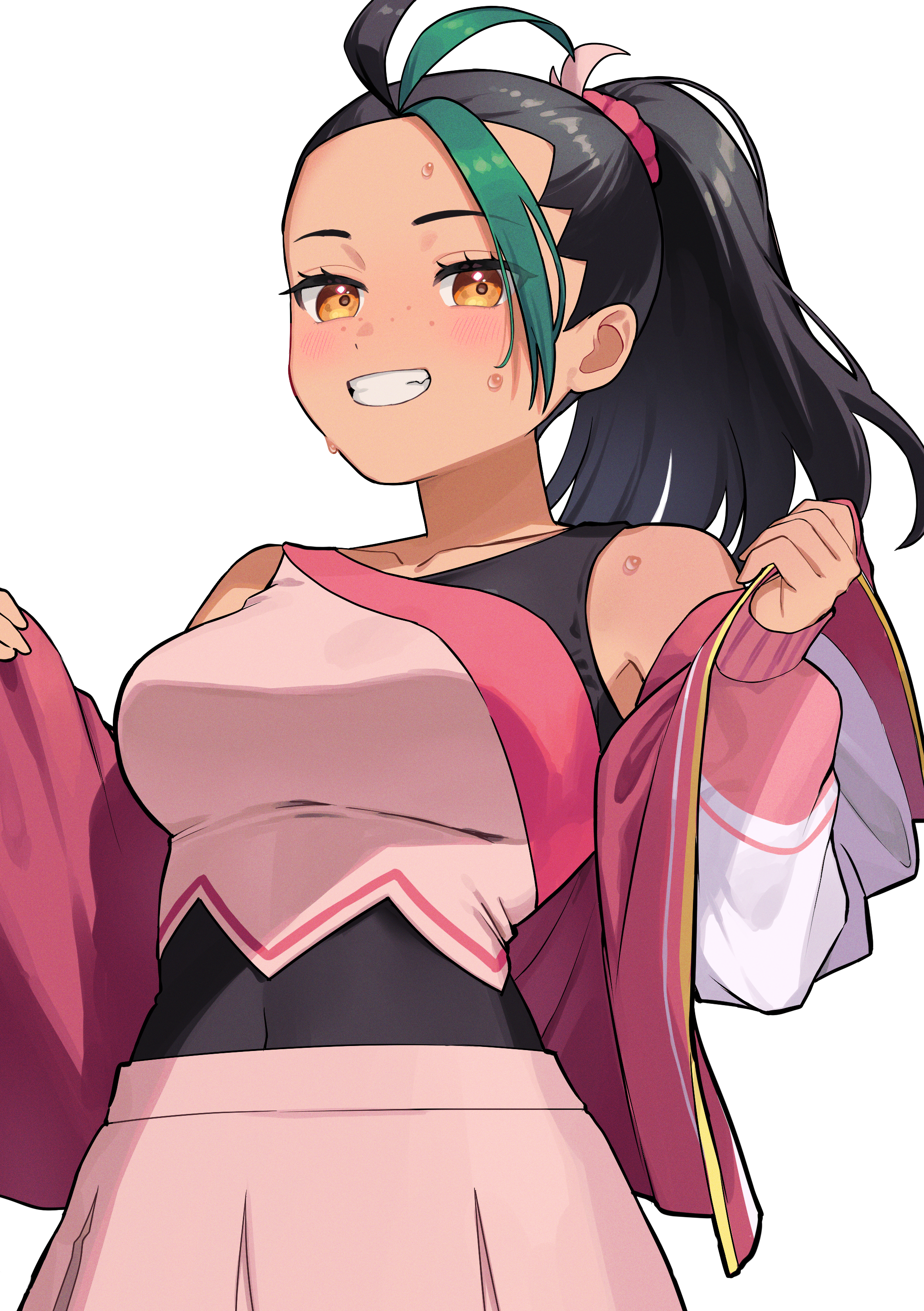furukawa raku, nemona (pokemon), nemona (sygna suit) (pokemon), nintendo, pokemon, pokemon masters ex, absurdres, commentary request, highres, 1girl, bare shoulders, black hair, blush, breasts, brown eyes, collarbone, dark-skinned female, dark skin, freckles, green hair, jacket, large breasts, long hair, long sleeves, multicolored hair, official alternate costume, open clothes, open jacket, open mouth, pink jacket, pink shirt, pink skirt, ponytail, shirt, simple background, skirt, smile, sweat, teeth, two-tone hair, white background, white jacket