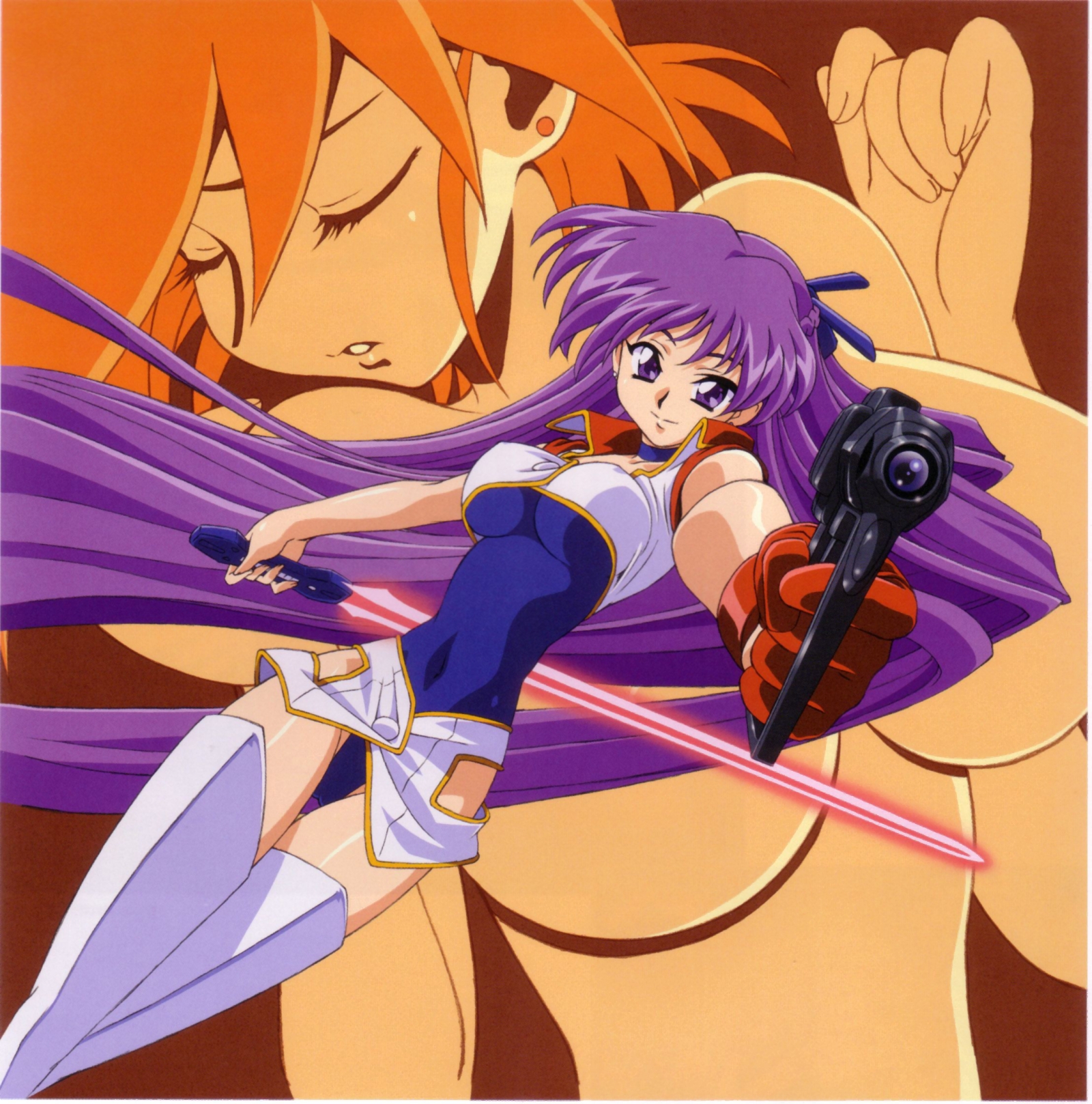kei (dirty pair), kei (dirty pair flash), yuri (dirty pair), yuri (dirty pair flash), dirty pair, dirty pair flash, 1980s (style), highres, non-web source, official art, 1990s (style), 2girls, blonde hair, breasts, choker, closed eyes, earrings, energy sword, food-themed earrings, gloves, gun, hair ribbon, jewelry, large breasts, leotard, long hair, miniskirt, multicolored hair, multiple girls, oldschool, orange-shaped earrings, orange hair, out-of-frame censoring, purple eyes, purple hair, retro artstyle, ribbon, short hair, skirt, smile, sword, thighhighs, thighs, two-tone hair, underboob, very long hair, weapon