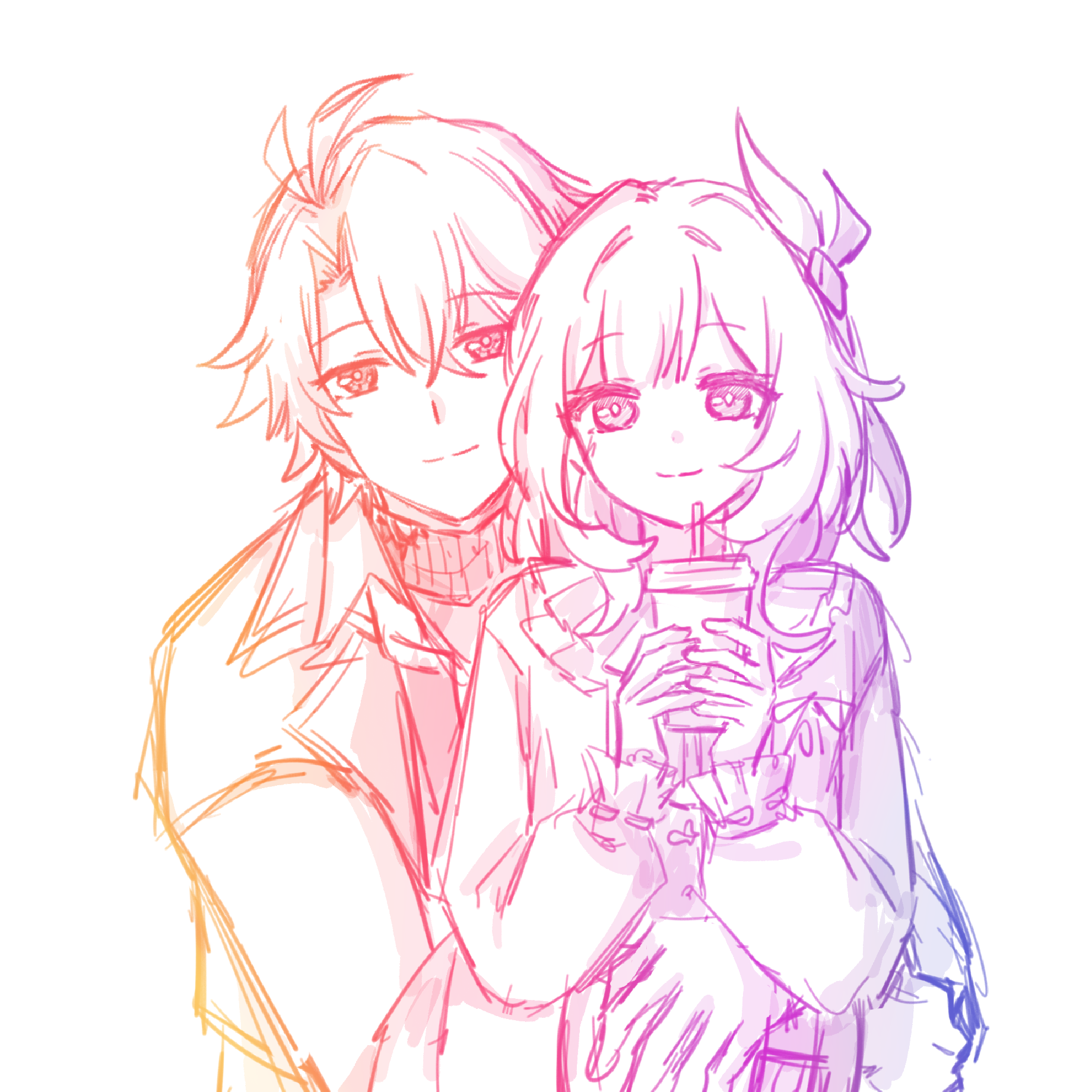 cyrene (honkai: star rail), phainon (honkai: star rail), honkai: star rail, honkai (series), highres, 1boy, 1girl, ahoge, alternate costume, couple, cup, cyrene (aedes elysiae) (honkai: star rail), disposable cup, hair ornament, hetero, holding, holding cup, hug, jacket, lianxielian, multiple monochrome, short hair, simple background, smile