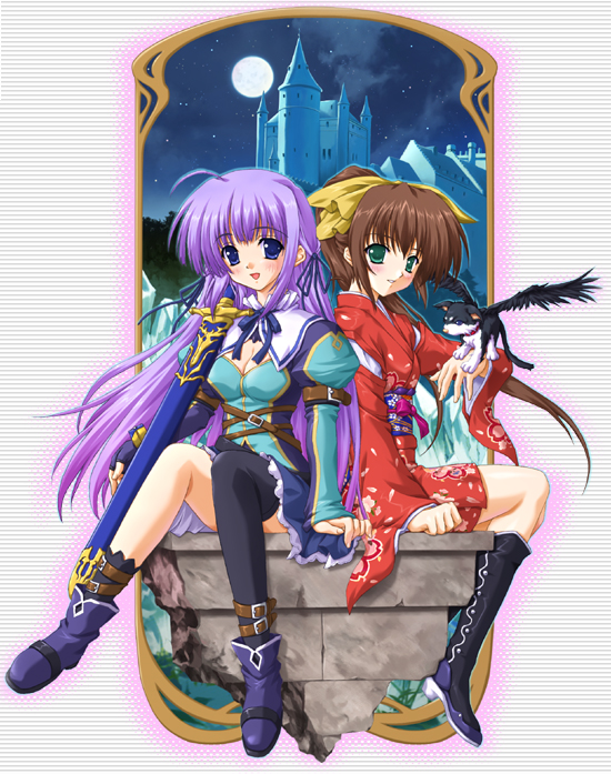 wakou tensui, 2girls, ahoge, aqua eyes, blue eyes, blush, boots, breasts, brown hair, castle, cleavage, hair ribbon, japanese clothes, kimono, long hair, moon, multiple girls, night, outdoors, ponytail, purple hair, ribbon, sheath, short kimono, single thighhigh, sitting, smile, strap, sword, thighhighs, very long hair, weapon, wings
