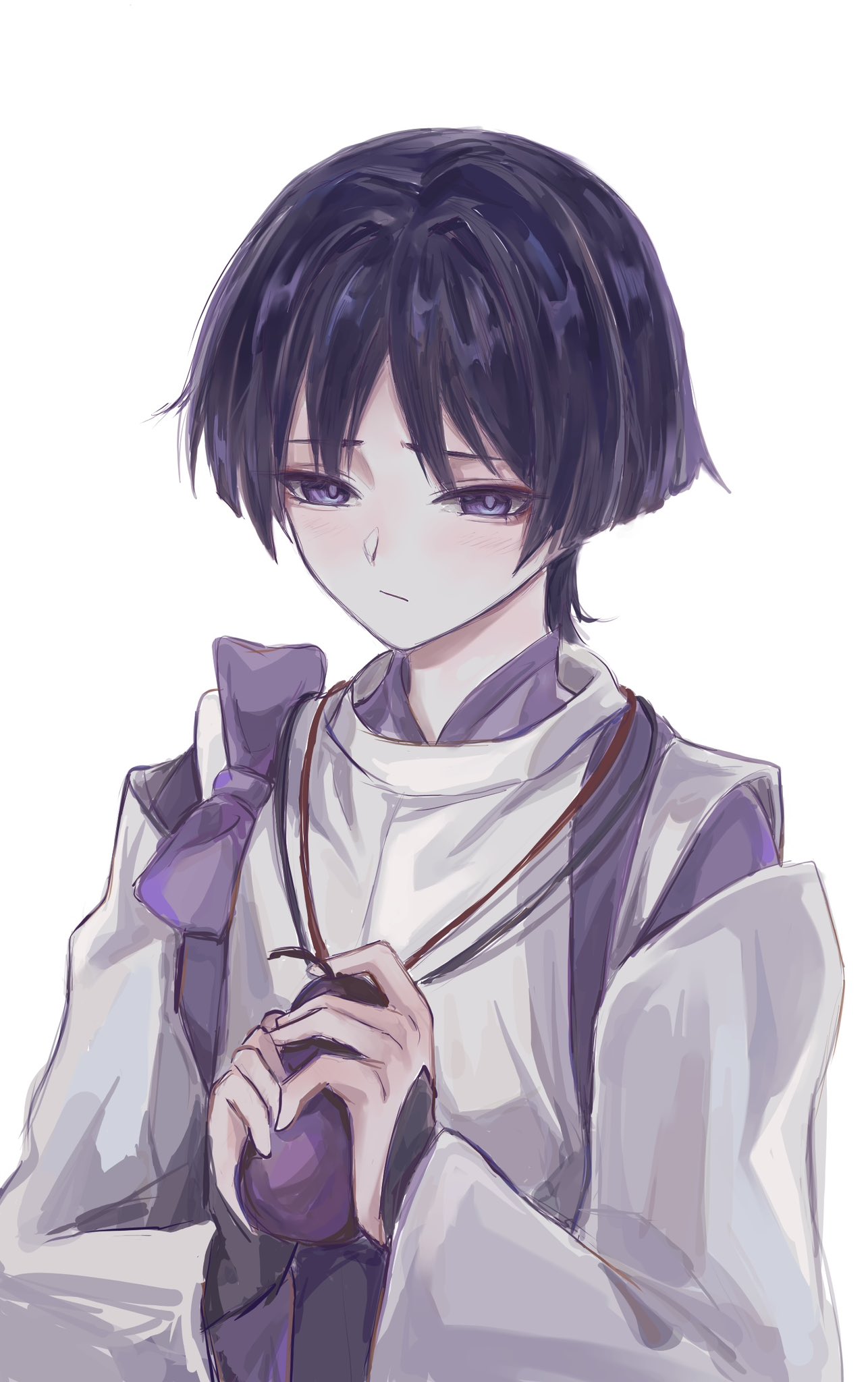 renyupa, scaramouche (genshin impact), scaramouche (kabukimono) (genshin impact), genshin impact, highres, 1boy, black hair, blunt ends, bow, closed mouth, clothing cutout, eyelashes, eyeliner, eyeshadow, food, fruit, hands up, holding, holding food, holding fruit, japanese clothes, kariginu, kimono, lavender melon (genshin impact), layered sleeves, light blush, long sleeves, looking down, makeup, male focus, multicolored hair, parted bangs, purple bow, purple eyes, purple hair, purple kimono, purple sleeves, red eyeliner, red eyeshadow, sad, shoulder cutout, solo, streaked hair, string, tasuki, tsurime, upper body, white background, white sleeves, wispy bangs