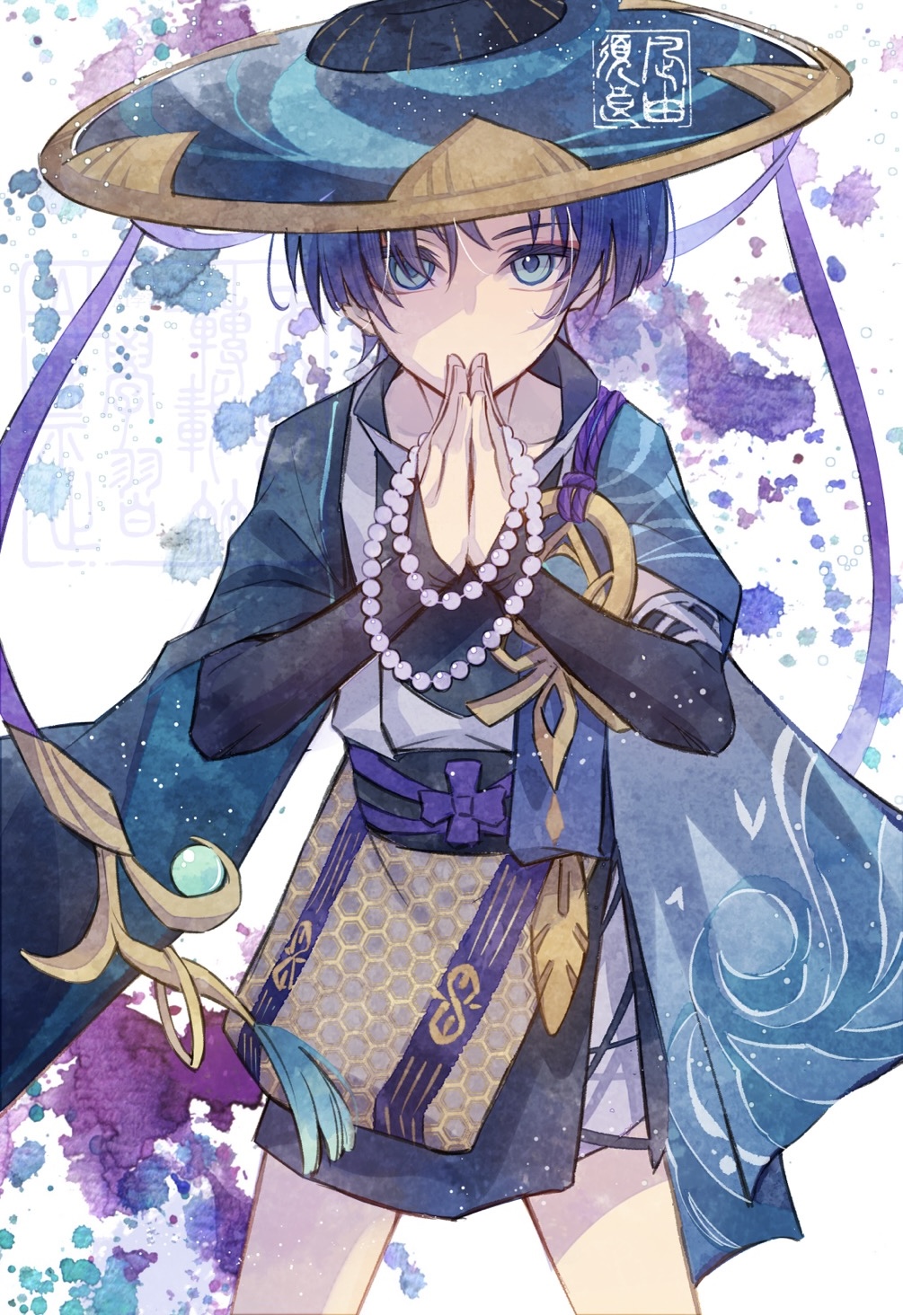 nagi yusura, scaramouche (genshin impact), wanderer (genshin impact), genshin impact, highres, 1boy, aqua gemstone, beads, black bridal gauntlets, black sash, black shirt, black shorts, blue eyes, blue gemstone, blue hair, blue hat, blue sleeves, bridal gauntlets, collar, collarbone, covering own mouth, cross-laced clothes, cross-laced shorts, eyeliner, eyeshadow, feathers, fingernails, gem, gold, hat, high collar, jingasa, kesa, layered shorts, looking at viewer, makeup, male focus, obi, official alternate costume, open clothes, open shirt, own hands together, palms together, prayer beads, prototype design, purple rope, purple sash, red eyeliner, red eyeshadow, rope, sash, shirt, short sleeves, shorts, side slit, signature, solo, straight-on, tassel, undershirt, vision (genshin impact), white collar, white shirt, white shorts, wide sleeves, wispy bangs, yellow feathers