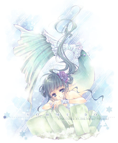 akira hayase, hayase akira, original, 1girl, bikini, bikini top only, black hair, blue eyes, female focus, floating hair, flower, hair flower, hair ornament, lace, light smile, long hair, looking at viewer, mermaid, monster girl, solo, swimsuit, tail, twintails, upside-down, wrist cuffs