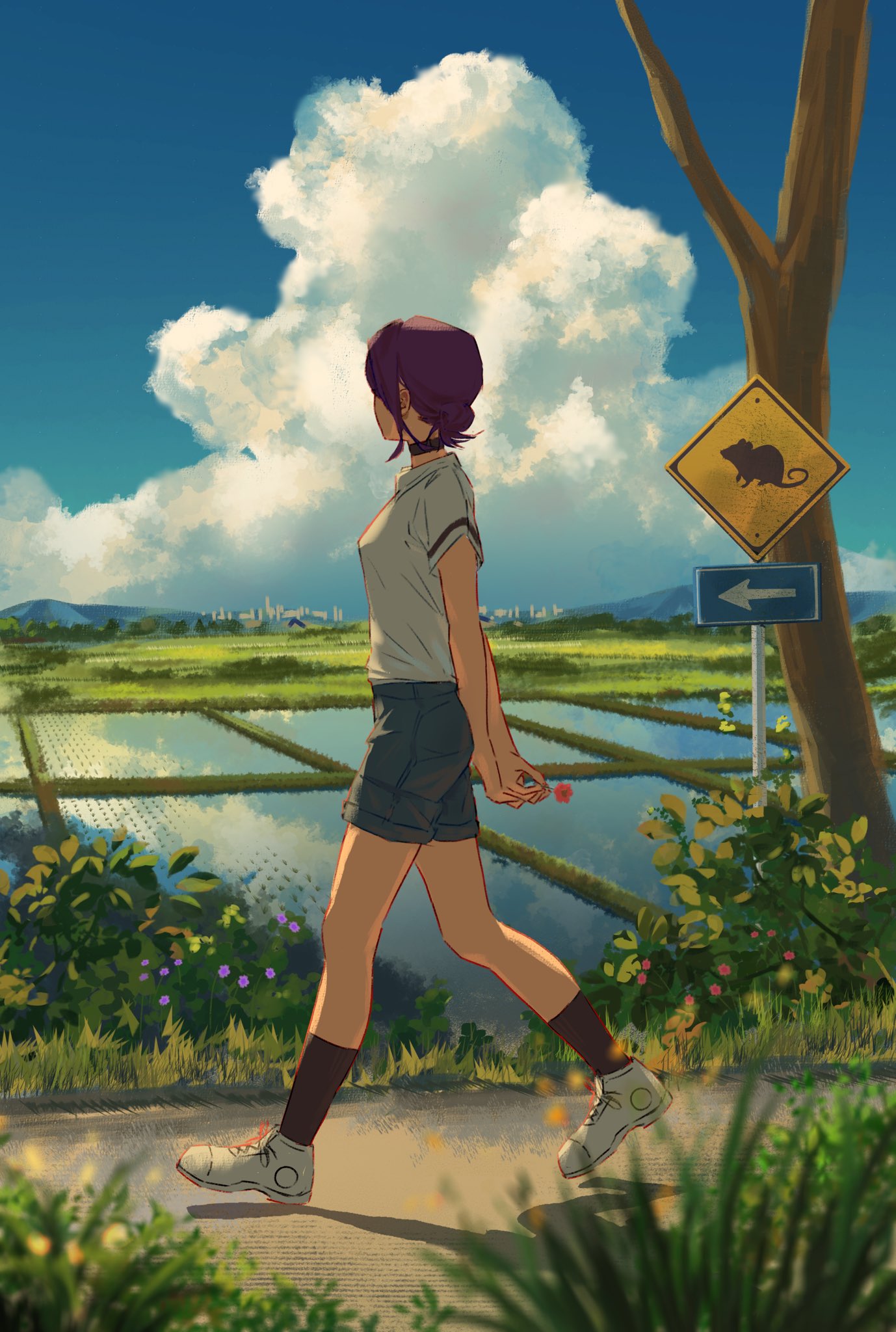 kozzz y, reze (chainsaw man), chainsaw man, highres, redrawn, 1girl, black choker, choker, cloud, cloudy sky, collared shirt, day, faceless, full body, hair between eyes, hair bun, looking ahead, mouse (animal), purple hair, road, road sign, rural, shirt, shirt tucked in, sign, single hair bun, sky, solo, walking