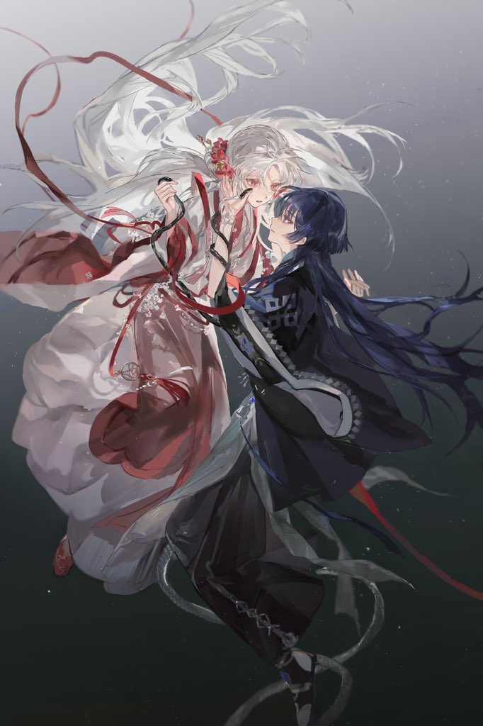 scaramouche (genshin impact), genshin impact, original, artist request, commission, second-party source, 1boy, 1girl, alternate costume, alternate hair length, alternate hairstyle, animal, black hair, black pants, black robe, black shoes, black sleeves, black snake, china dress, chinese clothes, closed mouth, commissioner insert, couple, dress, eyeliner, eyeshadow, flower, gradient background, hair flower, hair ornament, hairpin, hand in another's hair, hands up, hanfu, hayami momo (hayamimomo), hetero, holding, holding animal, holding hands, holding snake, interlocked fingers, long hair, long sleeves, looking at another, makeup, monochrome background, oc x canon, pants, parted lips, pink eyes, pink flower, purple eyes, red eyeliner, red eyeshadow, red ribbon, red shoes, red sleeves, ribbon, robe, shoes, snake, snake wrapped around arm, socks, tsurime, white hair, white hanfu, white sleeves, white snake, white socks, white trim, wide sleeves