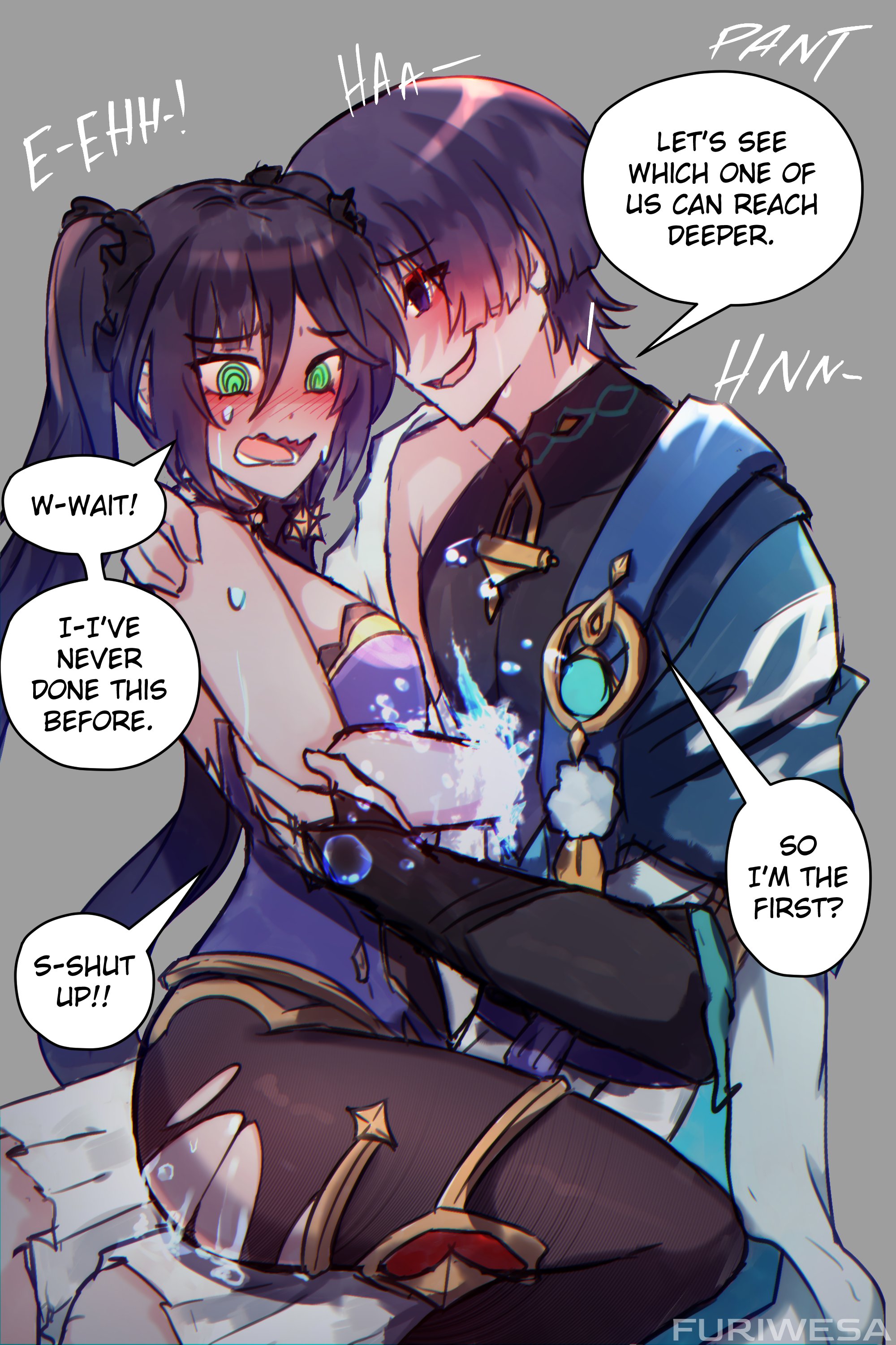 furiwesa, mona (genshin impact), scaramouche (genshin impact), wanderer (genshin impact), genshin impact, absurdres, highres, 1boy, 1girl, @ @, armor, armpit crease, artist name, artistic error, black bodysuit, black bridal gauntlets, black hair, black ribbon, blue cape, blue gemstone, blue sleeves, blunt bangs, blunt ends, blush, bodystocking, bodysuit, bridal gauntlets, cape, couple, covered collarbone, creepy eyes, earrings, embarrassed, empty eyes, eyeliner, eyeshadow, feathers, furisode, gem, gold, grey background, hair between eyes, hair ribbon, hakama, hakama shorts, hand on another's shoulder, hand on own arm, hetero, highleg, highleg leotard, japanese armor, japanese clothes, jewelry, kimono, kote, kurokote, layered sleeves, leotard, long hair, looking at another, looking down, makeup, moaning, naughty face, open mouth, pantyhose, parted bangs, pleated shorts, pom pom (clothes), purple eyes, purple leotard, red eyeliner, red eyeshadow, red gemstone, red trim, ribbon, shorts, shoulder peek, sidelocks, sitting, sitting on lap, sitting on person, sketch, sound effects, star (symbol), star earrings, straddling, sweat, thighlet, torn clothes, torn pantyhose, tsurime, twintails, upright straddle, water, white kimono, white shorts, white sleeves, white trim, yellow feathers