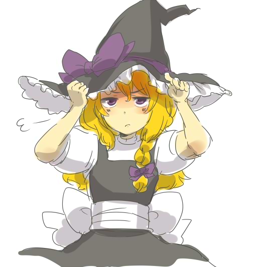 yukizen, kirisame marisa, touhou, 1girl, :<, annoyed, blonde hair, blush, bow, braid, female focus, hand on headwear, hat, hat tug, large bow, purple eyes, side braid, sketch, solo, witch, witch hat