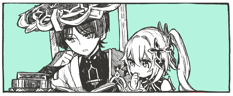 manmaruneko10, nahida (genshin impact), scaramouche (genshin impact), wanderer (genshin impact), genshin impact, 1boy, 1girl, aqua background, armor, black border, blunt ends, bodysuit, book, border, bracelet, bridal gauntlets, cape, clenched hand, covering own mouth, cross-shaped pupils, dress, eyelashes, gem, greyscale with colored background, hair ornament, hand over own mouth, hand up, hat, hatching (texture), heart, heart hair ornament, japanese armor, japanese clothes, jewelry, jingasa, kimono, kote, linear hatching, long hair, looking at object, looking to the side, mandarin collar, middle ring, open book, open clothes, open kimono, open mouth, shoulder peek, side ponytail, sidelocks, symbol-shaped pupils, tsurime, vision (genshin impact), white border