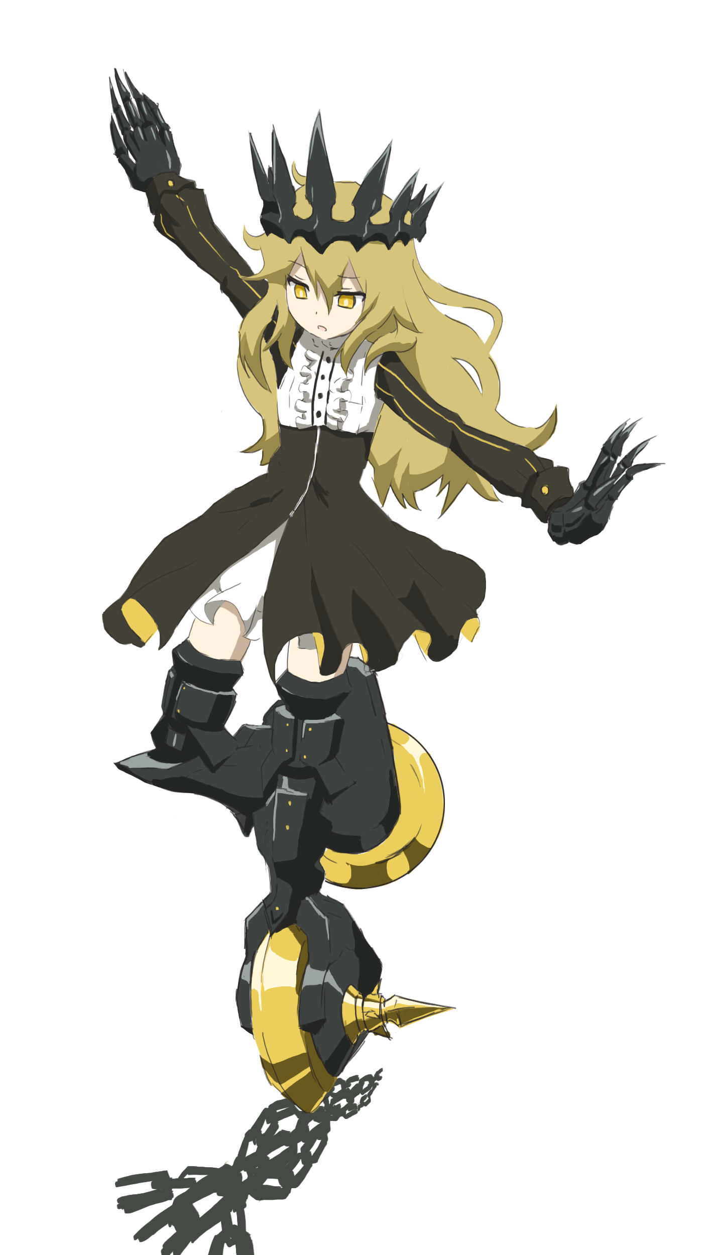 paskmel, chariot (black rock shooter), black rock shooter, absurdres, highres, 1girl, balancing, black crown, black dress, blonde hair, crown, dress, long hair, mechanical legs, skeletal hand, wheel, wheeled leg(s), white background, yellow eyes