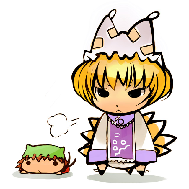 takashima, chen, yakumo ran, touhou, 2girls, animal ears, animal hat, black eyes, blonde hair, brown hair, cat ears, cat girl, cat tail, chibi, female focus, fox tail, hat, long sleeves, looking at viewer, mob cap, multiple girls, multiple tails, nekomata, short hair, simple background, tail, two tails, white background, wide sleeves