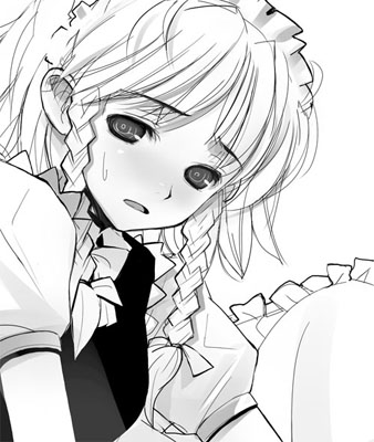 takashima, izayoi sakuya, touhou, lowres, 1girl, blush, braid, female focus, greyscale, maid, monochrome, solo, twin braids, upper body, white background
