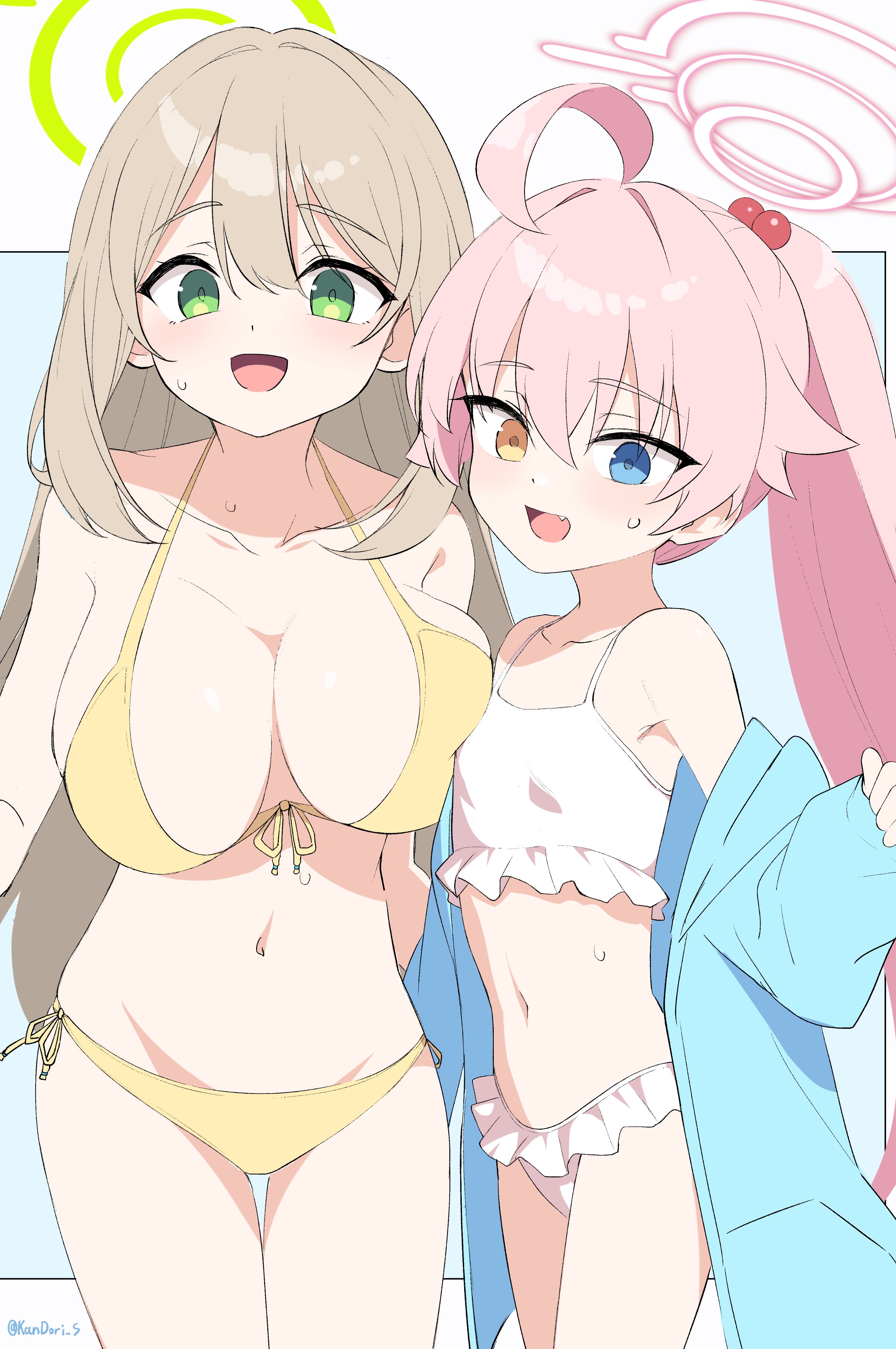 kandori, hoshino (blue archive), hoshino (swimsuit) (blue archive), nonomi (blue archive), nonomi (swimsuit) (blue archive), blue archive, absurdres, commentary request, highres, 2girls, ahoge, bikini, blue eyes, breasts, green eyes, halo, heterochromia, large breasts, long hair, multiple girls, navel, official alternate costume, pink hair, swimsuit, white bikini, yellow bikini