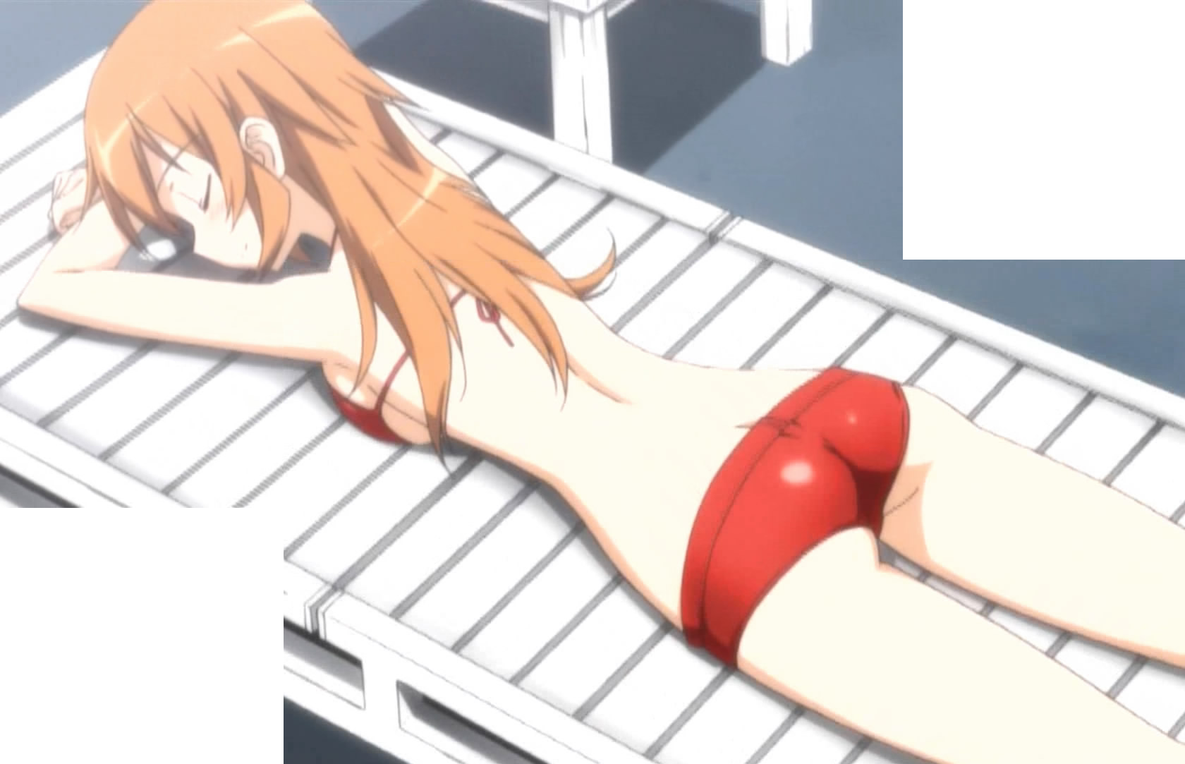 charlotte e. yeager, strike witches, world witches series, anime screenshot, highres, stitched, third-party edit, 00s, 1girl, ass, bikini, bikini shorts, butt crack, closed eyes, female focus, lowleg, lowleg bikini, short shorts, shorts, sleeping, solo, swimsuit