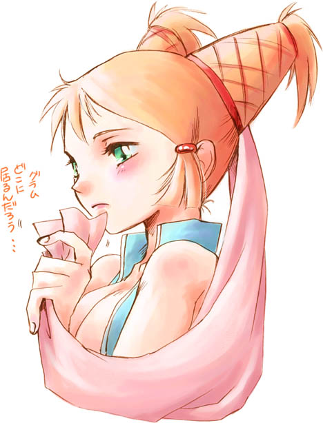 forest penguin, tatsuri (forest penguin), lauren vestemona, kenran butou sai, translated, 00s, 1girl, blonde hair, blush, breasts, cleavage, female focus, green eyes, red hair, solo