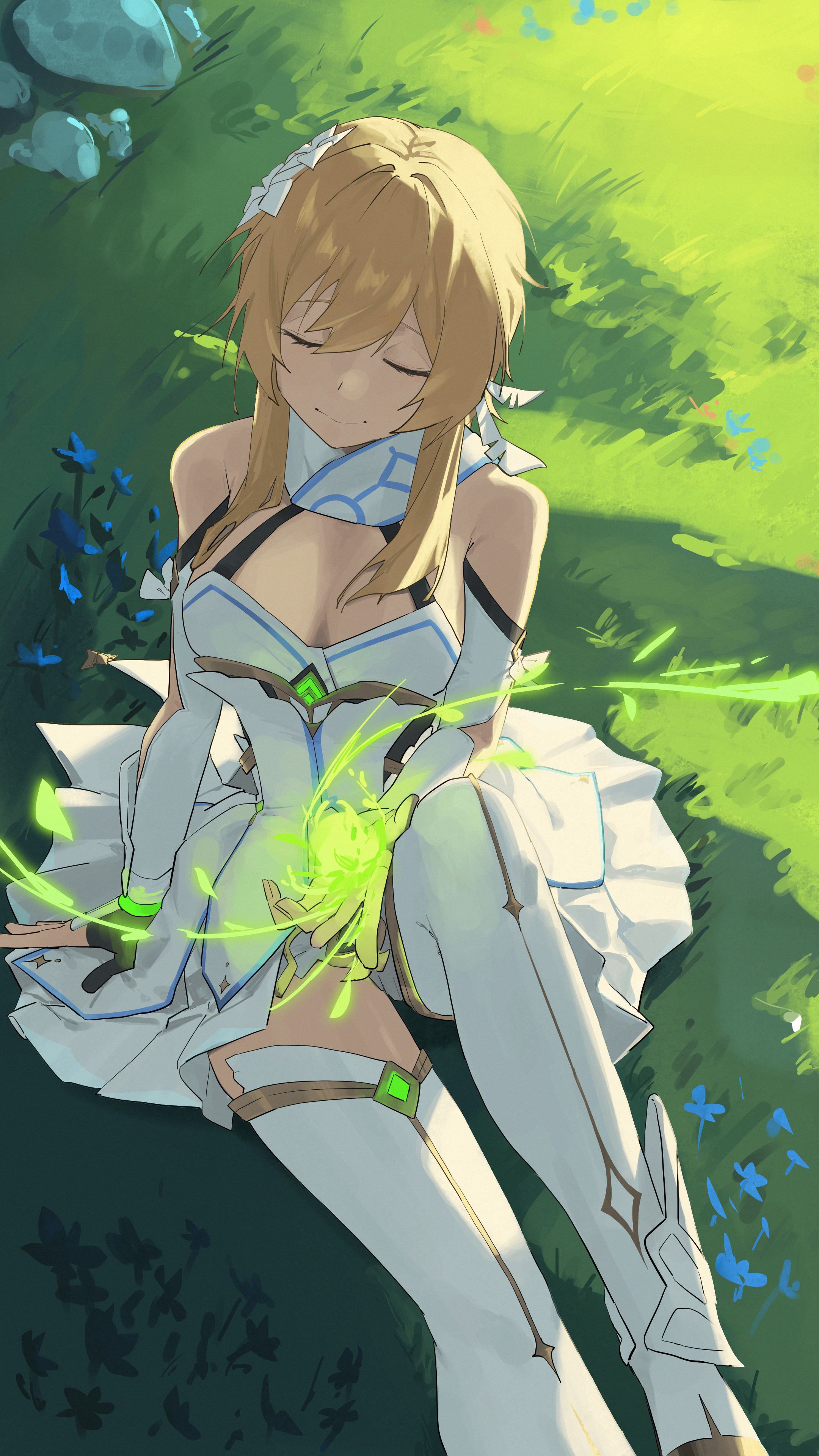 lupinu5, lumine (genshin impact), genshin impact, absurdres, commentary, highres, 1girl, bare shoulders, blonde hair, boots, breasts, closed eyes, closed mouth, dress, flower, hair flower, hair ornament, knee up, large breasts, on grass, scarf, short hair with long locks, sitting, smile, solo, thigh boots, white boots, white dress, white flower, white scarf
