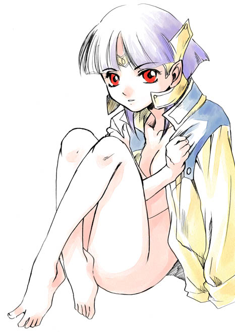 forest penguin, tatsuri (forest penguin), ester ein astrada, kenran butou sai, 00s, 1girl, barefoot, blunt bangs, bob cut, breasts, cleavage, covering privates, elf, feet, female focus, jacket, nude, nude cover, pointy ears, purple hair, red eyes, short hair, sidelocks, solo