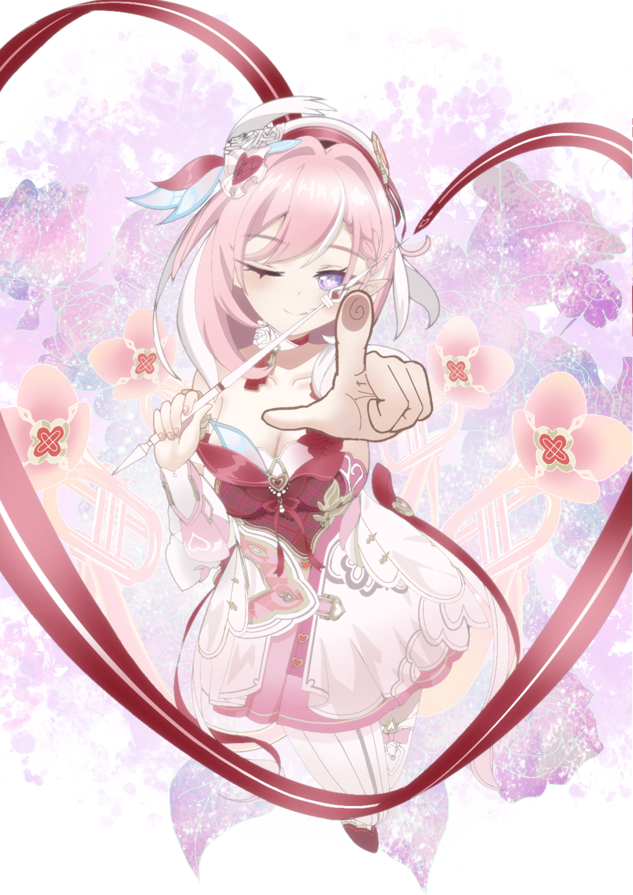 lin the world painter, elysia (hi elf of love) (honkai impact), elysia (honkai impact), honkai (series), honkai impact 3rd, absurdres, chinese commentary, commentary request, highres, 1girl, ;), beret, breasts, cleavage, diamond-shaped pupils, diamond (shape), dress, field, flower, flower field, hat, heart, holding, holding wand, large breasts, long hair, multicolored hair, one eye closed, pink dress, pink hair, pointing, pointing at viewer, purple eyes, smile, solo, symbol-shaped pupils, two-tone hair, very long hair, wand, white hair