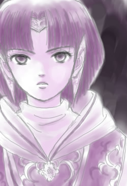 ahpah, ester ein astrada, kenran butou sai, lowres, 00s, 1girl, bob cut, female focus, monochrome, purple hair, purple theme, short hair, sidelocks, sketch, solo