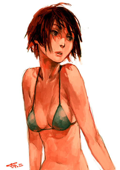 fcp, 1girl, bikini, female focus, green eyes, pinup (portrait), red hair, short hair, solo, swimsuit, upper body