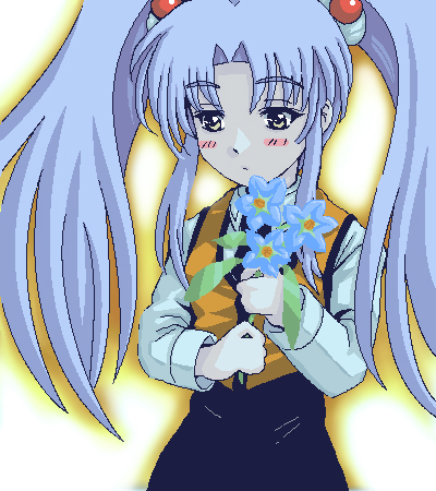 ebi tendon, hoshino ruri, kidou senkan nadesico, lowres, flower, hair ornament, oekaki, solo, sphere hair ornament, twintails