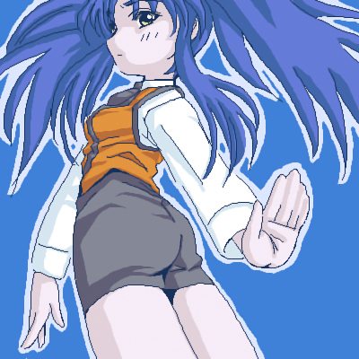 ebi tendon, hoshino ruri, kidou senkan nadesico, lowres, 1girl, black skirt, blush, female focus, from behind, from below, long sleeves, looking at viewer, looking back, looking down, oekaki, outstretched arm, pencil skirt, skirt, solo, vest