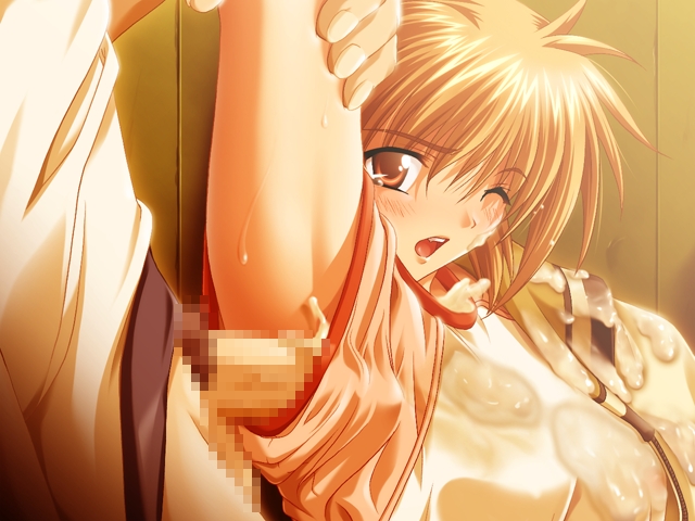sumeragi yuusuke, saimin gakuen, arm grab, game cg, 00s, 1boy, 1girl, arm up, armpit sex, armpits, blush, brown eyes, brown hair, censored, cum, cum on clothes, hetero, looking at viewer, mosaic censoring, one eye closed, open mouth, penis, shirt, short hair, solo focus, sweat, wet, wink