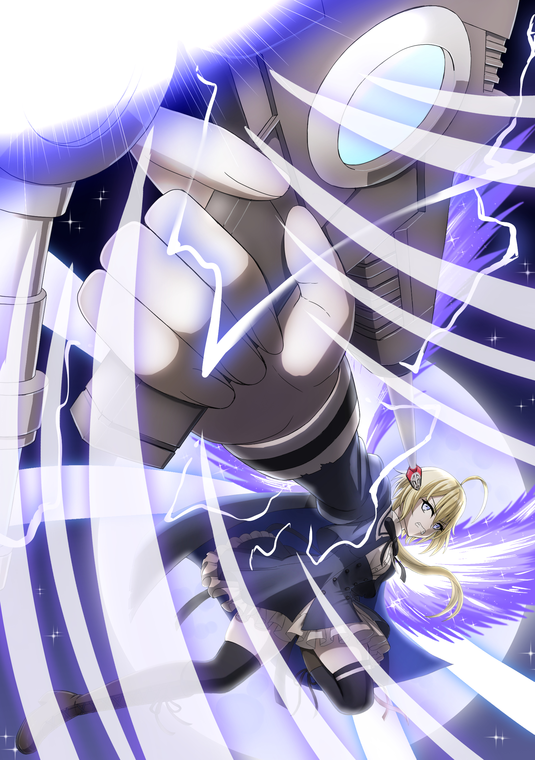 yadoo, amano soraha, assault lily, absurdres, commentary request, highres, 1girl, ahoge, black cape, black ribbon, black skirt, black thighhighs, blonde hair, blue cape, blue eyes, boots, brown boots, buttons, cape, clenched teeth, cropped jacket, energy, energy wings, firing, foreshortening, frilled skirt, frills, full body, full moon, gun, hair between eyes, hand up, high-waist skirt, holding, holding gun, holding weapon, juliet sleeves, knee boots, lace-up boots, long hair, long sleeves, looking at viewer, low ponytail, midair, miniskirt, moon, neck ribbon, night, outdoors, outstretched arm, parted lips, ponytail, puffy sleeves, purple wings, ribbon, school uniform, shirt, skirt, solo, sparkle, teeth, thighhighs, two-sided cape, two-sided fabric, v-shaped eyebrows, weapon, white shirt, wings, yurigaoka girls academy school uniform, zettai ryouiki