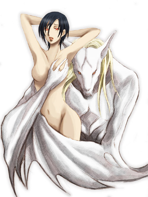 soleil (artist), otonashi saya, solomon goldsmith, blood+, 00s, 1girl, bat (animal), bat wings, black hair, breasts, demon, demon wings, grabbing another's breast, groping, monster, nude, red eyes, short hair, vampire, wings
