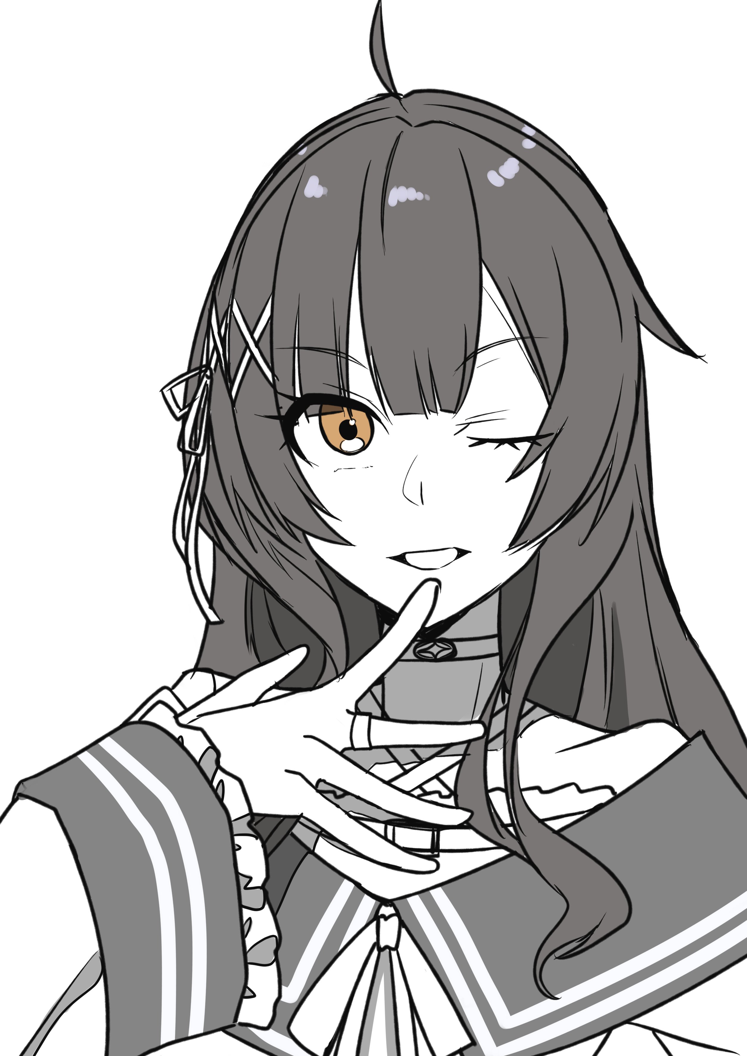 gumoyu, assault lily, absurdres, highres, 1girl, ahoge, arm at side, bare shoulders, blunt bangs, choker, criss-cross halter, finger to own chin, frilled sleeves, frills, greyscale, hair ornament, hair ribbon, halter shirt, halterneck, hand up, jewelry, long hair, long sleeves, looking at viewer, monochrome, off shoulder, one eye closed, parted lips, ribbon, ring, sailor collar, school uniform, serafuku, shirt, simple background, smile, solo, spot color, tsukioka chino, white background, wide sleeves, x hair ornament