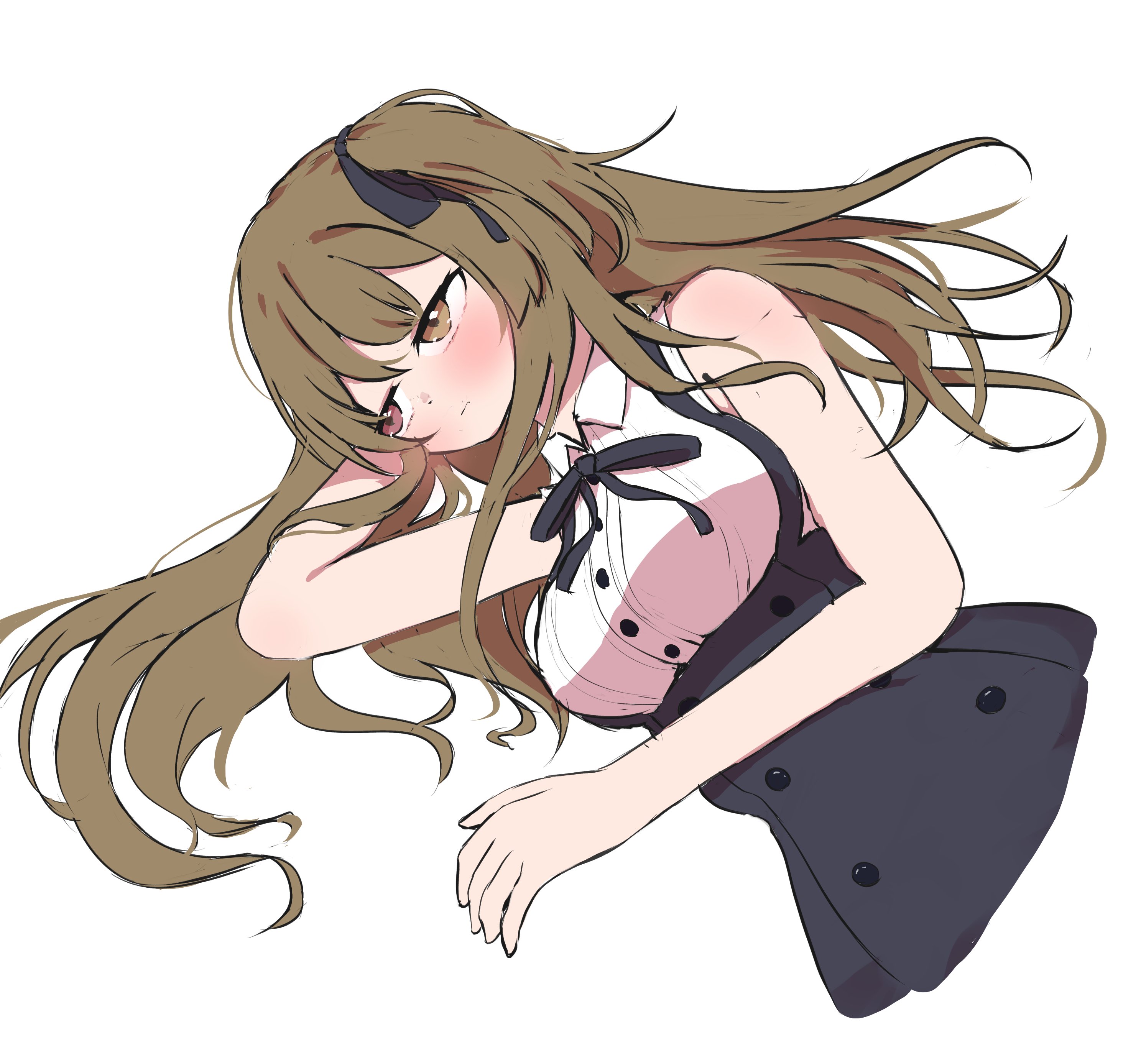 chitonimu, kuo shenlin, assault lily, absurdres, highres, 1girl, bare arms, bare shoulders, black ribbon, black skirt, blush, breasts, brown hair, buttons, closed mouth, collared shirt, cowboy shot, cropped torso, hair ribbon, hair spread out, half-closed eyes, hand on own cheek, hand on own face, hands up, heterochromia, high-waist skirt, large breasts, long hair, looking ahead, lying, neck ribbon, on side, one side up, pink eyes, ribbon, school uniform, shirt, sidelocks, simple background, skirt, sleeveless, sleeveless shirt, solo, suspender skirt, suspenders, upper body, white background, white shirt, yellow eyes, yurigaoka girls academy school uniform
