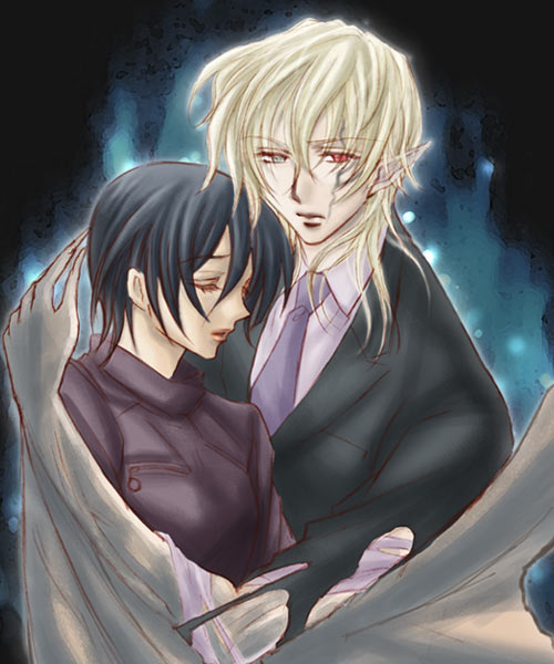 soleil (artist), otonashi saya, solomon goldsmith, blood+, 00s, black hair, closed eyes, demon wings, formal clothes, heterochromia, jacket, short hair, suit, wings
