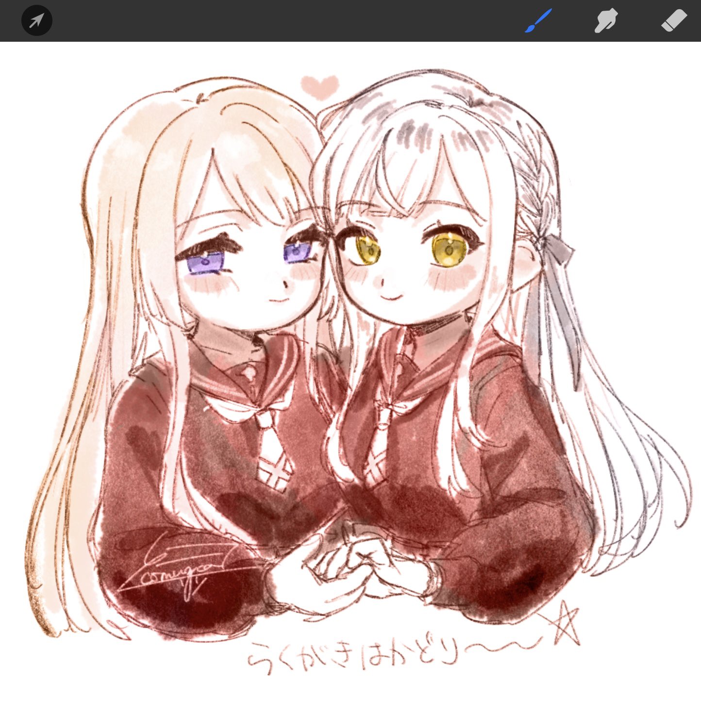 komuzuka, kon kanaho, miyagawa takane, assault lily, commentary, highres, symbol-only commentary, translation request, 2girls, art program in frame, artist name, blonde hair, blush, braid, closed mouth, cropped torso, grey ribbon, hair ribbon, hand up, heads together, heart, holding hands, kanba girls high school uniform, long hair, long sleeves, looking at viewer, multiple girls, necktie, red sailor collar, red shirt, ribbon, sailor collar, school uniform, serafuku, shirt, short necktie, side-by-side, side braid, sidelocks, signature, simple background, sketch, smile, star (symbol), symbol-shaped pupils, upper body, white background, white hair, white necktie, yellow eyes, yuri