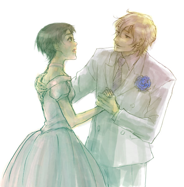 kuwatani, otonashi saya, solomon goldsmith, blood+, striped neckwear, 00s, 1boy, 1girl, black hair, boutonniere, dancing, dress, flower, formal clothes, necktie, rose, shirt, short hair, suit, white dress, white shirt, white suit