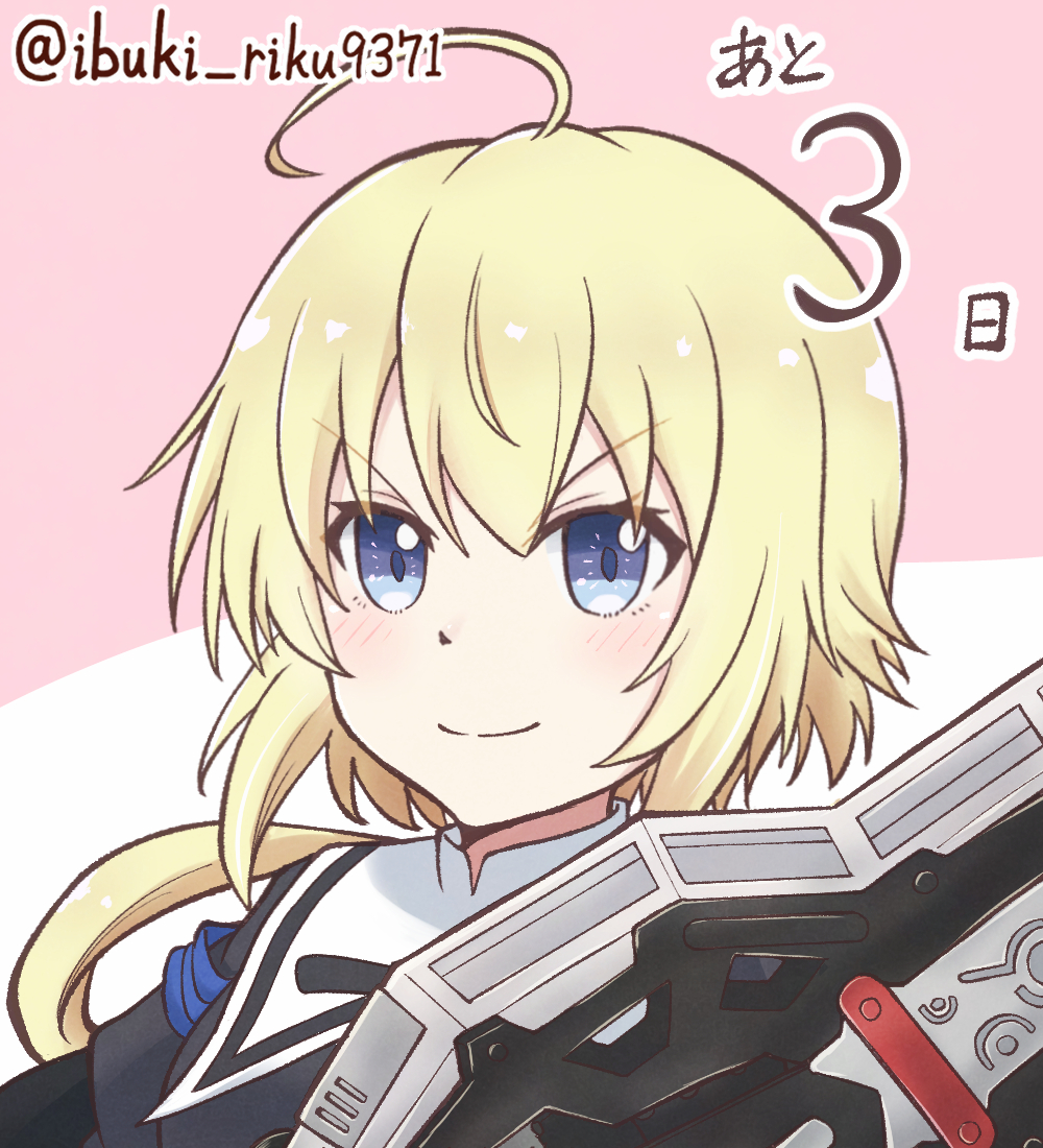 ibuki riku, amano soraha, assault lily, commentary request, translated, >:), 1girl, ahoge, black ribbon, blonde hair, blue eyes, blush, closed mouth, countdown, long hair, looking at viewer, low ponytail, neck ribbon, pink background, ponytail, portrait, ribbon, school uniform, smile, solo, twitter username, two-tone background, v-shaped eyebrows, weapon, white background, yurigaoka girls academy school uniform