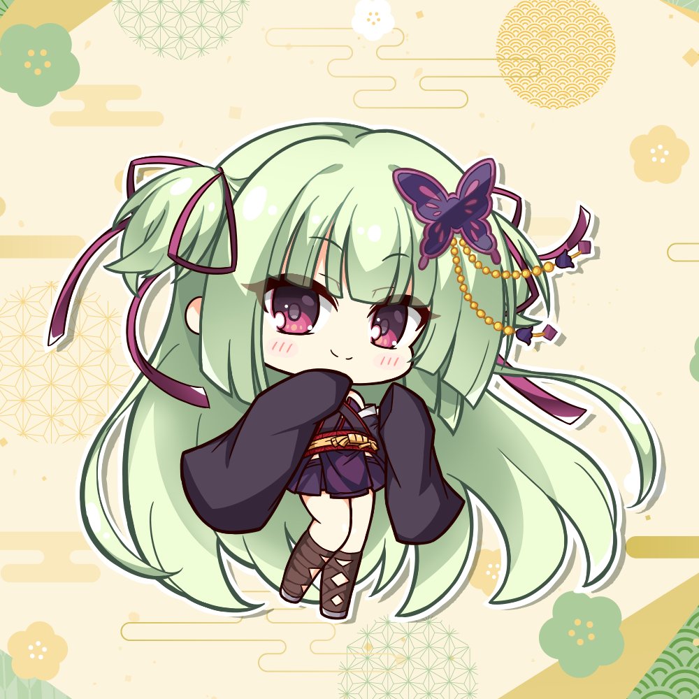 aoniku yaris, murasame (senren), senren banka, commentary request, 1girl, absurdly long hair, black kimono, black skirt, blunt bangs, blunt ends, blush, brown sandals, butterfly hair ornament, chibi, chibi only, closed mouth, eyes visible through hair, floating hair, full body, hair ornament, hair ribbon, hands up, hime cut, japanese clothes, kimono, knees together feet apart, long hair, looking at viewer, miniskirt, outline, pleated skirt, purple ribbon, red eyes, red sash, ribbon, sandals, sash, sidelocks, simple background, skirt, sleeves past fingers, sleeves past wrists, smile, solo, split mouth, standing, straight hair, tsurime, two side up, very long hair, white outline, yellow background