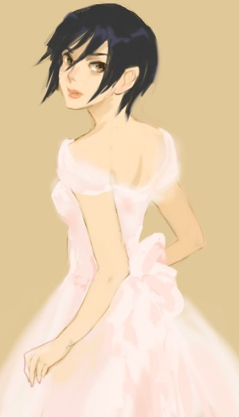 kuwatani, otonashi saya, blood+, 00s, black hair, brown eyes, dress, looking back, short hair, solo