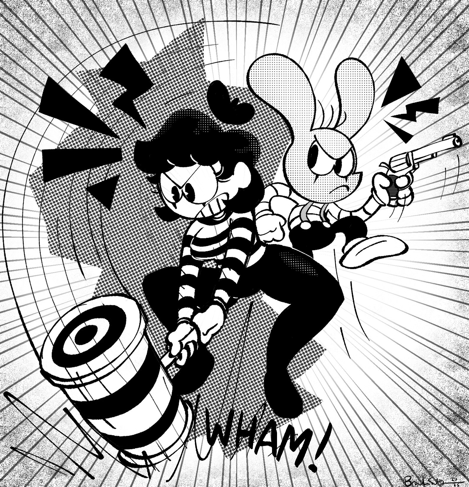 imrachets, mute the mime (imrachets), original, commentary, english commentary, highres, 1boy, 1girl, 2025, animal ears, artist name, beret, bonzo rabbit (imrachets), breasts, closed mouth, full body, greyscale, gun, hammer, hat, holding, holding gun, holding hammer, holding weapon, mime, monochrome, mute, open mouth, rabbit, rabbit boy, rabbit ears, signature, spread legs, squatting, teeth, toon (style), weapon
