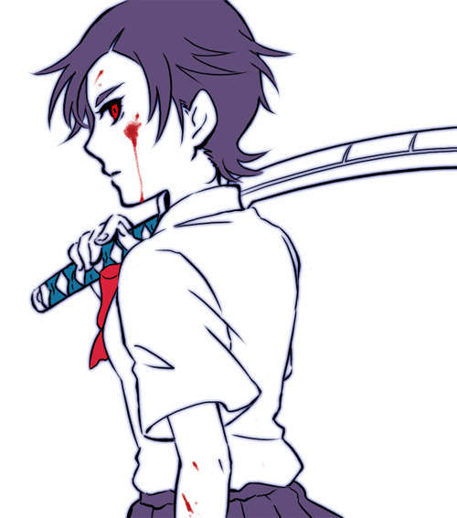 shizu masaru, otonashi saya, blood+, 00s, blood, bow, red eyes, short hair, solo, sword, weapon