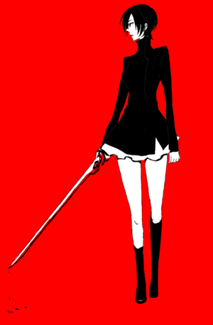 cycle9, otonashi saya, blood+, lowres, 00s, 1girl, black hair, dress, female focus, monochrome, red background, red eyes, red theme, short hair, solo, sword, weapon