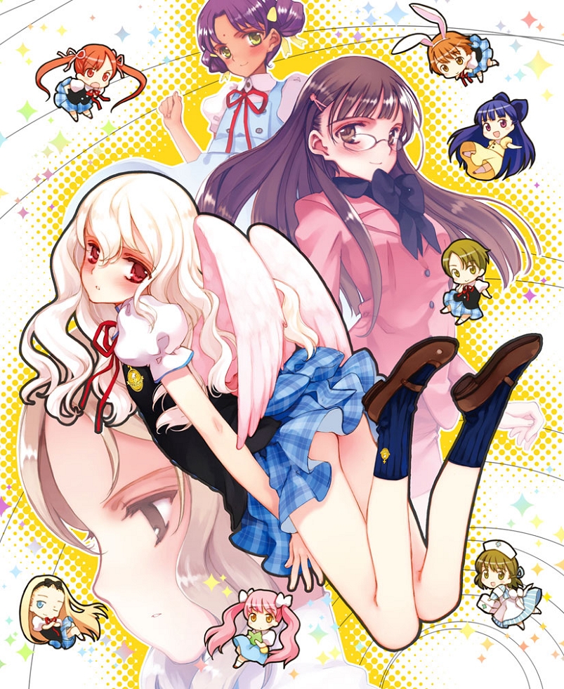 ooyari ashito, kagamiya rin, kawasaki yukina, koishikawa kohane, kousaka hatsumi, mizuhara tsuzumi, nabejima arisa, ohshiro chitose, onodera asahi, ooshiro chitose, sawatari aoi, sawatari koto, sawatori koto, yazuki miyu, littlewitch, period, plaid, silver hair, 6+girls, angel wings, angry, animal ears, apron, blonde hair, blue eyes, blue hair, blush, book, bow, brown eyes, brown hair, chibi, dark-skinned female, dark skin, dress, emblem, everyone, facial mark, forehead mark, frown, glasses, green eyes, green hair, hair bow, hair ornament, hairband, hairclip, kneehighs, legs, long hair, long legs, looking at viewer, looking back, mini person, minigirl, multiple girls, nurse, one eye closed, open mouth, orange eyes, orange hair, pink eyes, pink hair, purple eyes, purple hair, rabbit ears, red eyes, red hair, school uniform, serafuku, shoes, short hair, short twintails, skirt, smile, socks, thighs, twintails, very long hair, wings, wink, yellow eyes