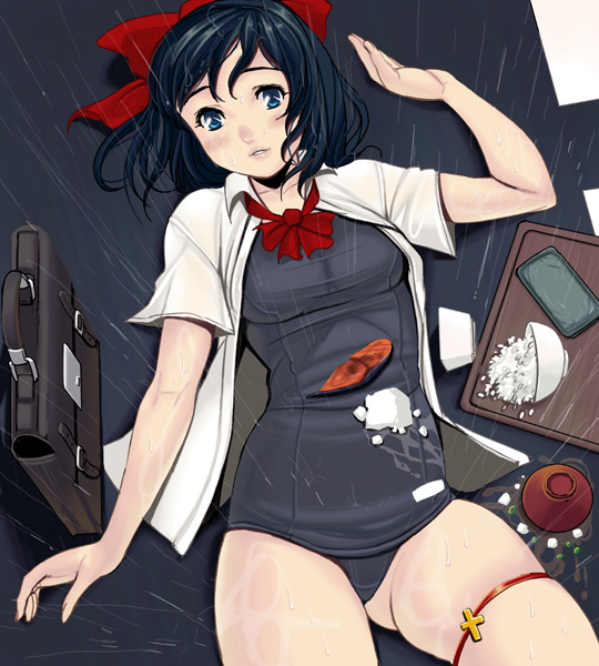 kouno (masao), 1girl, bag, black hair, black one-piece swimsuit, blue eyes, cowboy shot, cross, female focus, food, lying, no pants, one-piece swimsuit, open clothes, open shirt, rain, school bag, school swimsuit, school uniform, serafuku, shirt, solo, swimsuit, swimsuit under clothes, tray