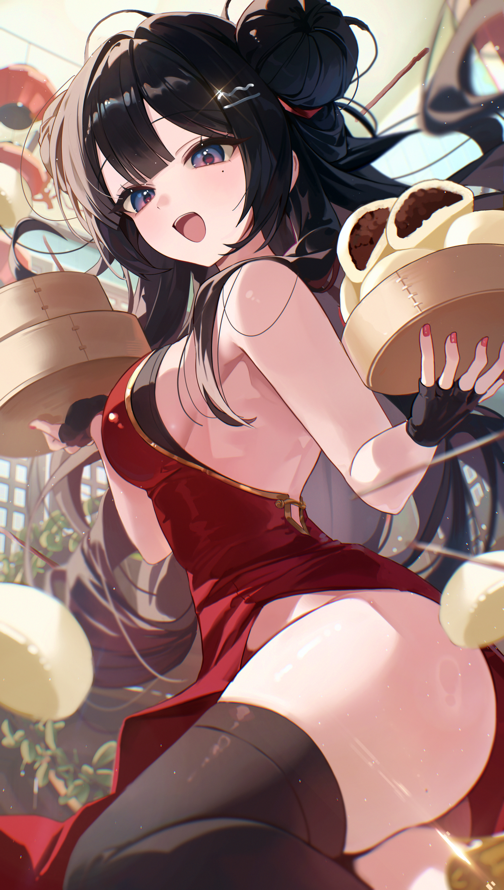 myowa, takahashi minami (myowa), original, absurdres, commentary, highres, 1girl, bamboo steamer, bare shoulders, black gloves, black hair, black thighhighs, blurry, breasts, china dress, chinese clothes, coin, depth of field, double bun, dress, fingerless gloves, floating hair, from side, glint, gloves, gold trim, gradient eyes, hair bun, hair ornament, hairclip, holding, long hair, looking at viewer, medium breasts, mole, mole under eye, multicolored eyes, nail polish, no panties, open mouth, pelvic curtain, purple eyes, red dress, sleeveless, sleeveless dress, smile, solo, thighhighs, thighs, very long hair